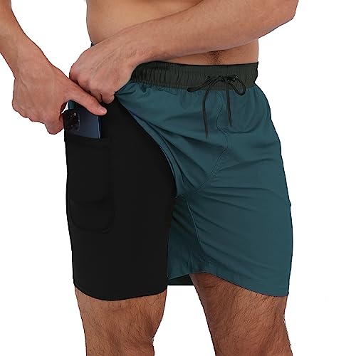 Arcweg Men's Swim Trunks Mens Swimming Shorts with Compression Liner Quick Dry Stretchy 2 in 1 Board Shorts with Zipper Pockets Black+Dark Green 2XL(UK)