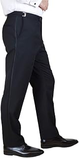 Men's 100% Wool Fitted Flat Front Tuxedo Pants Formal Satin Stripe Trousers with Adjustable Waistband