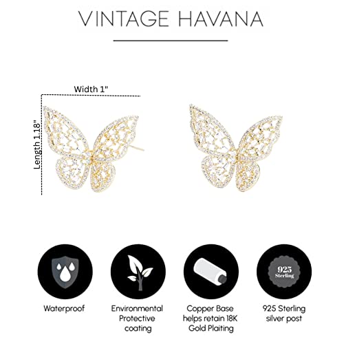Pave CZ Butterfly Earrings For Women By Vintage Havana 18K Gold Plated Drop/Dangle Cubic Zirconia Earrings Made With Sterling Silver Post2