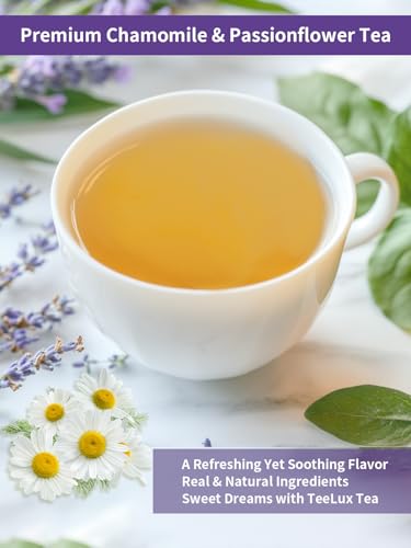 Image of TeeLux Chamomile Passionflower Tea Bags, Smooth & Soothing Taste, 50 Count | Caffeine Free Herbal Blend with Lemon Balm, Spearmint, Valerian Root & Lavender, Floral Aroma, Gluten Free, Hot or Iced