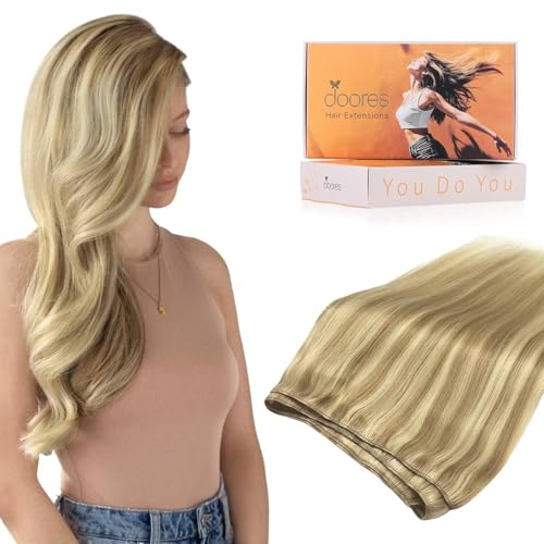 Image of DOORES Sew In Hair Extensions Real Human Hair, Light Blonde Highlighted Golden Blonde 18 Inch 100g, Hand Made Sew In Weft Extensions Thick