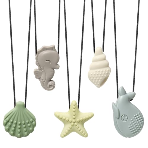 Kaukette Kinder 5er Set Sensory Kauen Halskette aus BPA-freiem Silikon Verstellbare Kette mit Sicherheitsverschluss Ozean-Tier Anhänger für Kinder mit ADHS Zahnen Beißende Fingernägel Kauen