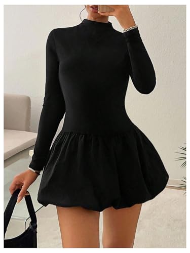 Image of MakeMeChic Women's Mock Neck Ruffle Flared Hem Long Sleeve Slim Fit A Line Short Dress