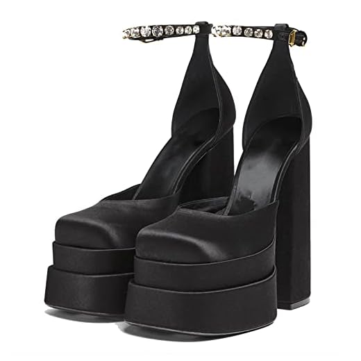 Womens Platform Dress Pumps Ankle Strap Block High Heeled Silk Satin Square Toe Fashion Shoes for Women A-Black
