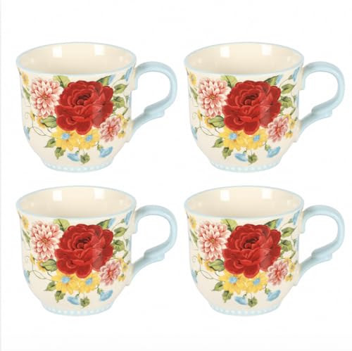 Pioneer Woman Sweet Rose Light Blue Ceramic 14.5-Ounce Set of 4 Mugs