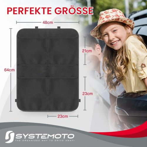 Systemoto Auto Rücksitz Organizer mit 4 Großen Taschen (1 Stück) - Autositz Organizer mit Trittschutz - Sitzschutz für Auto Rückenlehne - Vordersitz Schutz Kinder - Sitz-Schoner, Kickmatte (Schwarz)