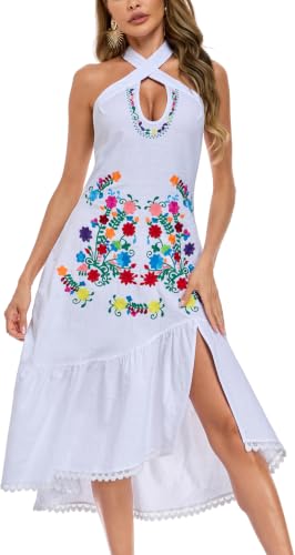Image of Womens Mexican Floral Embroidered Halter Maxi Dress Side Slit Boho Dress