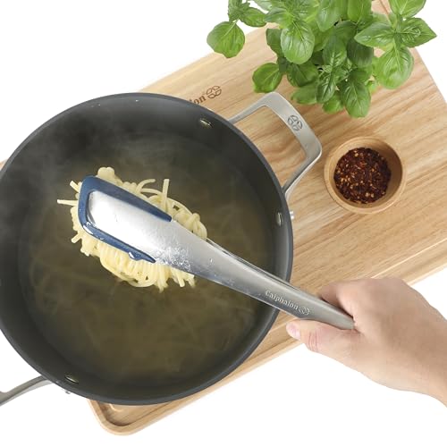 Image of Calphalon Prime 12-Inch Kitchen Tongs, Stainless Steel Grilling Tongs with Navy Silicone Heads, Heat-Resistant Locking Kitchen Tongs with Ergonomic Weighted Handle