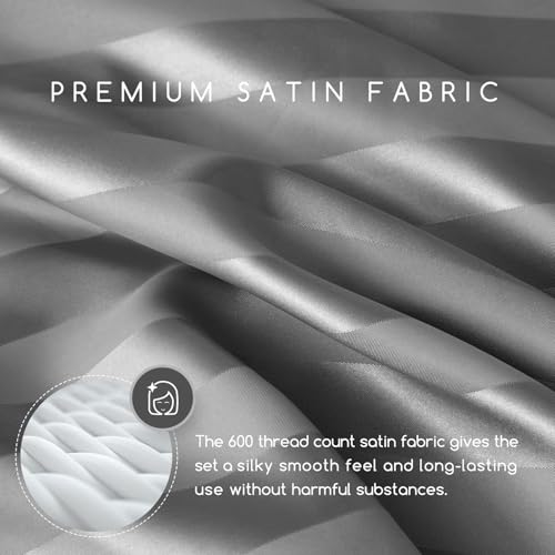 Image of MR&HM Satin Bed Sheets, Full Size Sheets Set, 4 Pcs Silky Bedding Set with 15 Inches Deep Pocket for Mattress (Full, Dark Grey Striped)