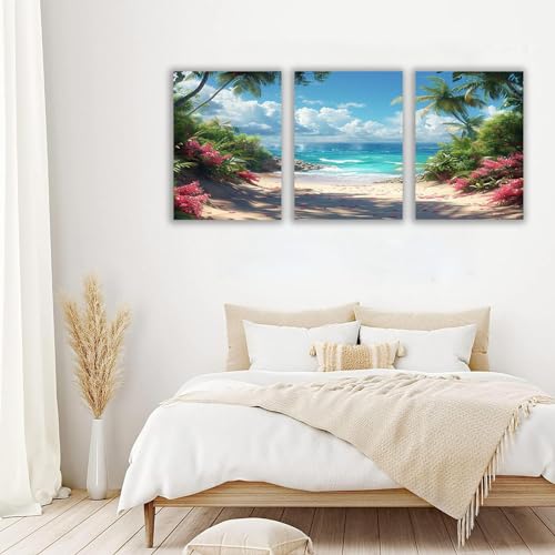 Tableau plage fleurs roses déco zen salon pour mur vide
