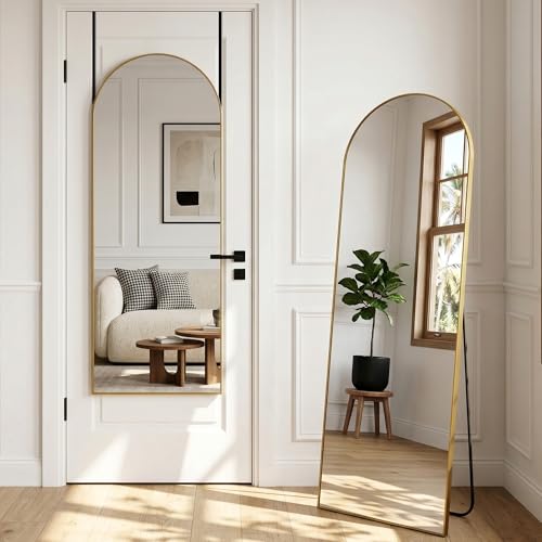 Furnbar 58x20 Arched Full Length Door Mirror Over-the-Door Hanging Floor Standing Wall Mounted or Leaning Metal Frame Body Mirror for Bedroom Living Room Closet Dorm Gold