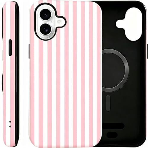 Image of for iPhone 17 Case Cute Phone Case,Compatible with MagSafe,Dual Layer Shockproof Protective Phone Cover,Hard Shell + Silicone Cover,Fashion Design for Women Girls,Striped Pink