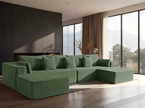Image of 138 inch Cloud Sectional Couch, Comfort U Shaped Sofa for Living Room, Extra Deep Seats No Assembly, Minimalist Modular Couch, Corduroy (Olive Green, 6 Seats,U-Shape A)