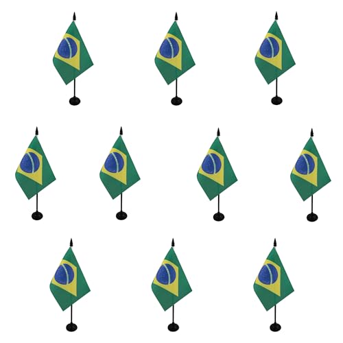 AZ FLAG - Lot de 10 Drapeau De Table Brésil - 15x10 cm - 10 Mini Drapeaux Brésilien De Bureau 100% Polyester Avec Hampe De 25cm Et Socle En Plastique Noir