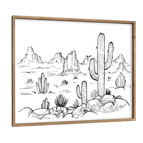 Image of flangairy 31.5×23.6 Inches Cactus Wall Art Wood Framed, Lager Wooden Desert Western Wall Decor, Southwestern Boho Black And White Living Dining Room Bedroom Decorations For Home