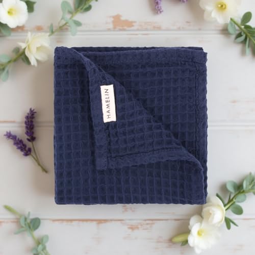 Image of HAMELIN The Ezra Waffle Hand Towel | Pure Cotton Lightweight Anti Microbial & Water Absorbent | Softer Touch Quick Drying Towels | Durable & Long Lasting | Blue | 70 cm x 43 cm | Pack of 1