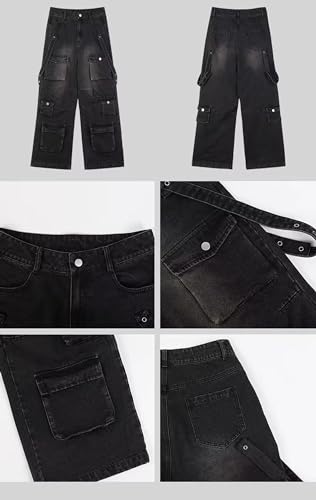 Y2k Wide Leg Cargo Jeans Women Grunge Black Grunge Vintage Hip Hop Denim Jeans for Men4