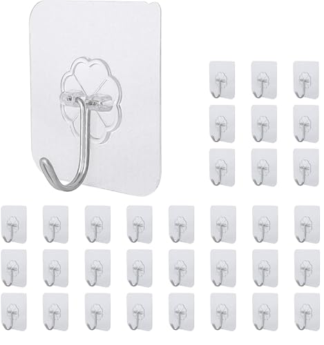 Image of Roktry Pack of 20 Wall Hooks,Waterproof Oilproof Bathroom Kitchen Heavy Duty Adhesive Hooks,Coat Hooks, Utility Towel Bath Ceiling Hooks,Transparent Seamless Hooks Strong