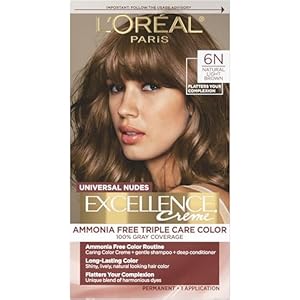 L’Oréal Paris Excellence Universal Nudes Permanent Hair Color, Ammonia Free Hair Dye for Gray Hair Coverage, 6N Natural Light Brown, 1 Hair Dye Kit