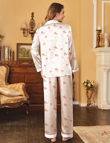 Image of Ekouaer Womens Satin Pajama Set Classic Pattern Silky Pj Sets Button Down Sleepwear Loungewear