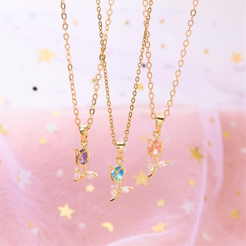 Image of coadipress Tulip Flower Pendant Necklace for Women Dainty Elegant Boho Temperament Crystal Tulip Necklace Trendy Statement Friendship Jewelry