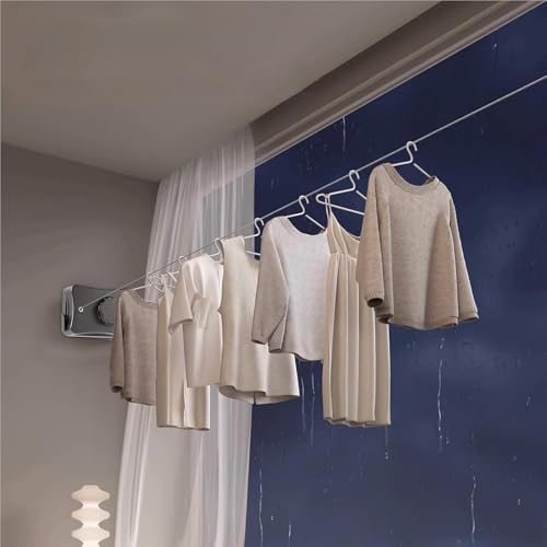 Image of Retractable Cloth line for Drying Clothes Indoor,Heavy Duty Double Cloth Drying Rope for Balcony,Wall Mounted Cloth Drying Stand Laundry Clothesline Adjustable Washing Line 13.8 Ft Wire (Big)