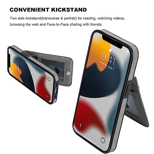 Image of KIHUWEY Compatible with iPhone 13 Case Wallet with Credit Card Holder, Premium Leather Magnetic Clasp Kickstand Heavy Duty Protective Cover for iPhone 13 6.1 inch (Gray)