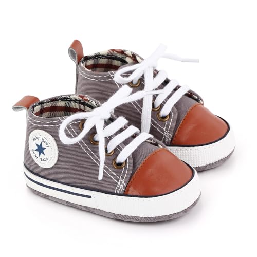 Image of Unisex Baby Boys Girls Shoes, Newborn Infant Non-Slip Canvas Denim High Top Sneakers, Toddler First Walkers Shoes