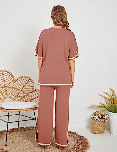 Image of Tanming Sweater Sets Women 2 Piece Lounge Sets Short Sleeve Knit Pullover Tops Wide Leg Pants