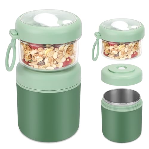 Bugucat Müslibecher to Go Edelstahl,2-in-1 Joghurtbecher to Go 530ml+330ml, Praktischer Müslibecher Mit Löffel,Müsli Becher für Kinder&Erwachsene,Müsli Cup Porridge Becher lunchpot,Grün