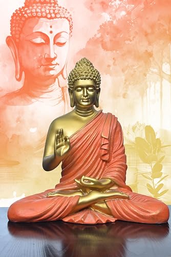 Image of Beautiful Sitting Buddha Idol Statue for Home & Garden Living Room | Healing Spirit Blessing Buddha Statue - 15 Inch Size (Golden + Orange)