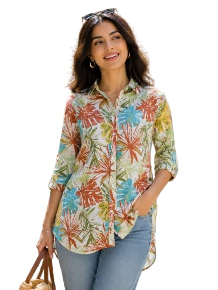 royalica Women's Tropical Print Shirt for Women Cotton Tropical Leaf Ethnic, Multicolour, 3/4 Sleeves, Button-Down Collar, Casual Summer Top-picture-19