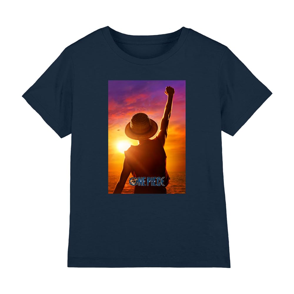 One Piece Luffy Sunset Poster Kids T-Shirt, Navy, 5-6Y