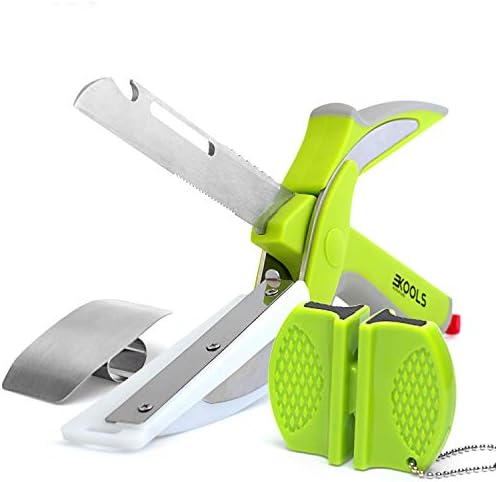 Manual Food Chopper and Multi Functional Kitchen Shears for Meat and Vegetables, Heavy Duty Stainless Steel Kitchen Scissors, Bottle Opener, Peeler, Cutting Board, Sharpener