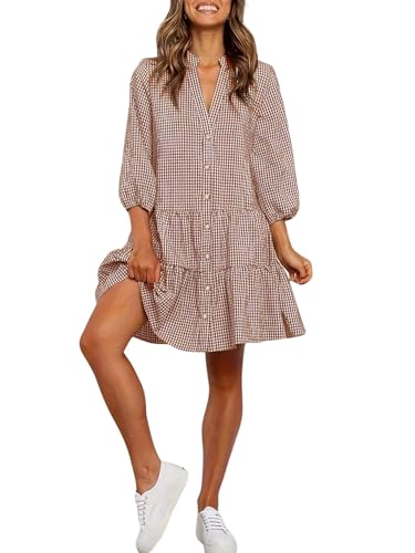 Image of utcoco Women's 2026 Spring Summer Plaid Shirt Dress 3 /4 Puff Sleeve Button Down Loose Casual Midi Dress with Pockets