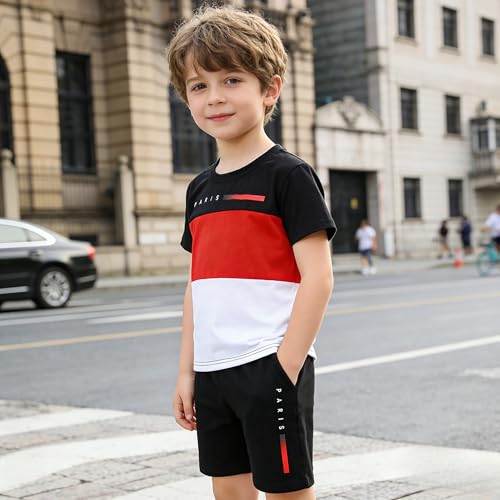 Image of Yoxindax Toddler Kid Boy Clothes Colorblock Letter Graphic Tee Shorts 2PC Summer Outfit Set