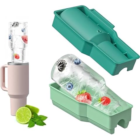 Ice Cube Tray For Stanley Cup, Silicone Ice Cube Freezer Molds with Lid, All-in-one Hollow Semi-cylinder Ice Cube Molds Large Ice Cube Maker for 30/40oz Tumbler Ice Tray Tools (Green) Cover