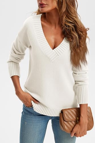 Wenrine Damen Pullover Winter Langarm V-Ausschnitt Strickpullover Sexy Lose Einfarbig(Weiß,S)