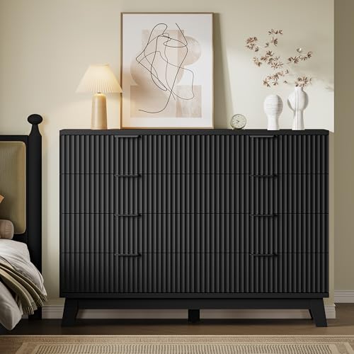 Image of BORNOON 53 inch Wide Dresser for Bedroom, 8-Drawer Fluted Chest of Drawers, Modern Wood Highboy with Metal Slides and Handles, Anti-Tip Kit, Vertical Clothes Storage Organizer for Apartment, Closet