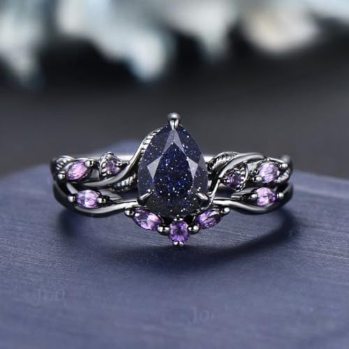 IVANKA 1.25ct Nature Inspired Pear Galaxy Blue Sandstone Amethyst Bridal Set Unique Twig Vine Teardrop Blue Goldstone Black Gold Wedding Ring Set Sandstone Wedding ring set Amethyst Band Engagement Ring set2