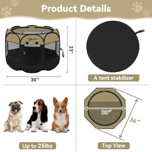 Image of Siedihit Dog Cat Playpen, Medium Puppy Pet Playpen, Dog Crate Tent Cage Indoor /Outdoor, Portable Pop Up Dogs Kennel Playpen with Carrying Case for Dogs /Cats /Rabbits(Black Khaki, Medium)