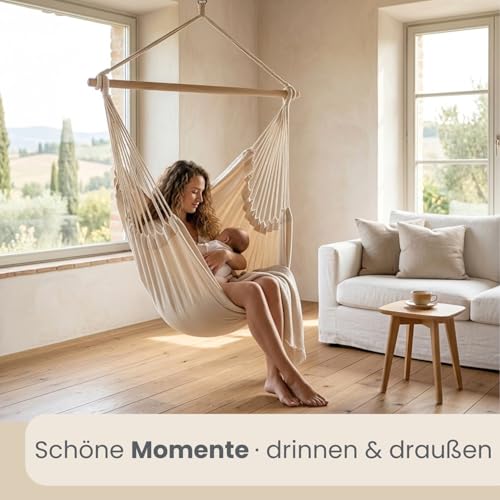 AMANKA XXL Hängesessel Beige 185x130 cm belastbar bis 150kg – Hängestuhl ideal zum Lesen & Entspannen – Hängesitz aus Baumwolle für Drinnen und Draussen ohne Gestell- Schwebesessel für 2 5