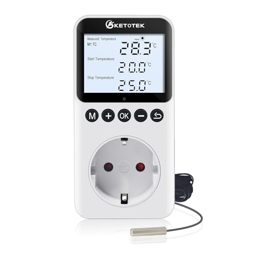 KETOTEK Prise Thermostat Jour/Nuit avec Rétro-éclairage, Régulateur de Température Numérique 220V avec Minuterie, Sonde de 3 Mètres, pour Reptile...