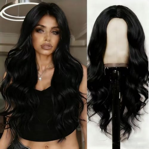 XIEANDKONG Long Wavy Middle Part Wig,with No Bangs Synthetic Fiber Curly Fashion Women Party Cosplay Wig 28 Inch/70 cm (Black, Long Wavy)