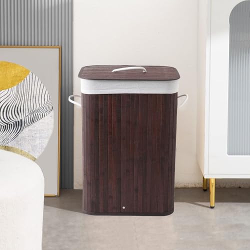 Image of LUXE HOME INTERNATIONAL Stripe Bamboo Laundry Basket with Lid | Eco-Friendly, Foldable & Lightweight Organizer (Brown, 40x30x60 cm, Pack of 1)