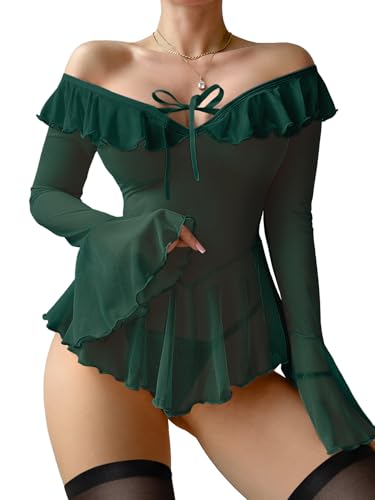 Image of Foxiny Sheer Ruffle Long Sleeve Babydoll Lingerie Dress | Off-shoulder neckline, flared cuffs and a flounce hem add movement; thong and thigh-high stockings complete the 3-piece set