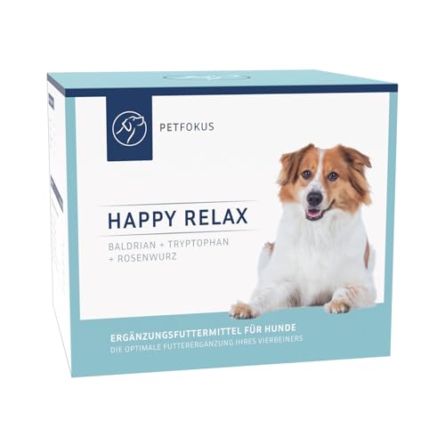 PetFokus Happy Relax | Einzigartige Formel für Hunde mit Baldrian, Melisse, L-Tryptophan und B-Vitaminen - hochwertige Nahrungsergänzung - 30 Sticks - in Deutschland produziert