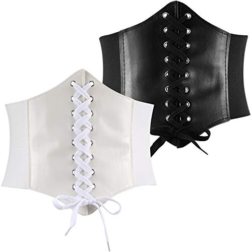 Geyoga 2 Pieces Women Corset Belt Lace up Wide Elastic Waistband Retro Tied Waspie Waist Belt for Carnival Costume Cosplay