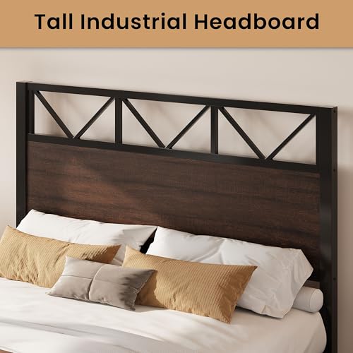 Image of LIKIMIO Queen Bed Frame, Tall Industrial Headboard 51.2 inch, Platform Bed Frame with Strong Metal Support, Solid and Stable, Noise Free, No Box Spring Needed, Easy Assembly, Walnut