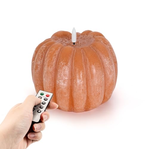 Homemory Flickering Flameless Wax Pumpkin LED Candle with Remote, Timer, Dimmer, Battery Operated Candle for Thanksgiving Gifts -Halloween, Fall Harvest Decor for Tiered Tray Table Indoor